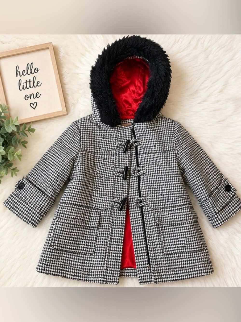 Cherokee Baby Girls 18M Houndstooth Hooded Coat Faux Fur Lined Red